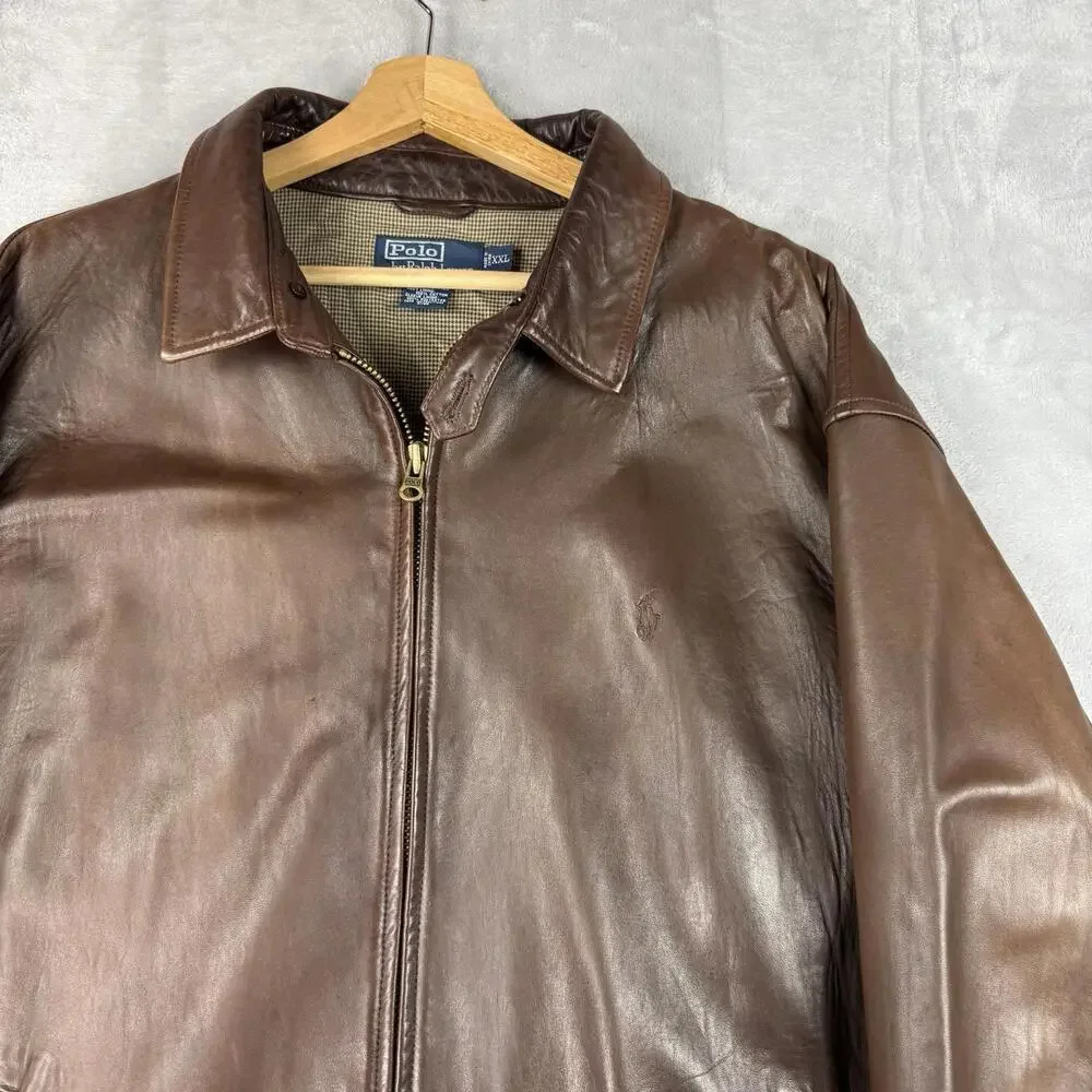 Polo Ralph Lauren Genuine Leather Jacket Brown Full Zip Vintage Men Sz XXL Rare